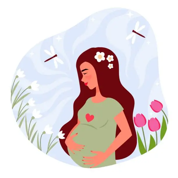 Vector illustration of Spring illustration with pregnant woman in nature. Pretty woman among flowers and dragonfly. Happy pregnant women. Smiling woman with big belly. Cartoon vector illustration.