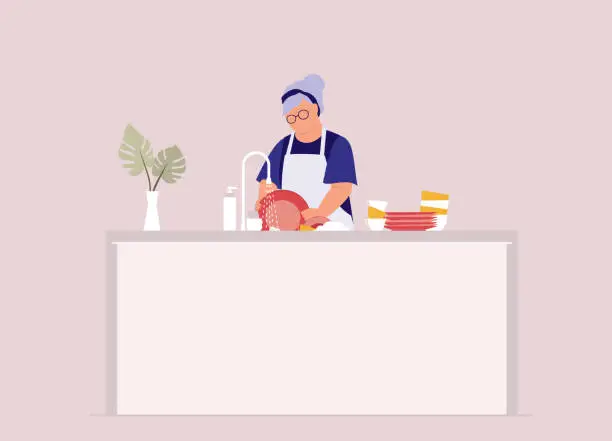 Vector illustration of Elderly Woman At Kitchen Sink Washing Dishes.