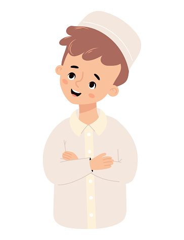 Cute islamic boy child. Happy muslim ethnic character. Vector illustration in cartoon flat style.