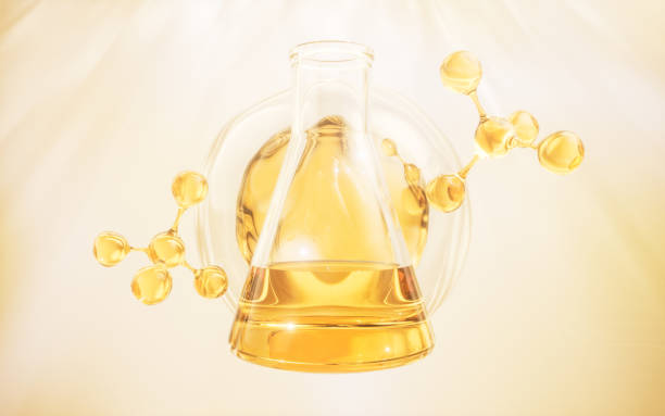 istock Chemical glassware with golden liquid, 3d rendering. 2067041512