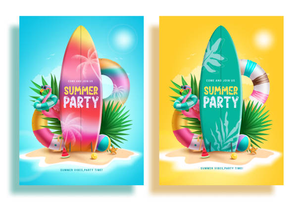 Summer party text vector poster set. Summer party invitation card with surfboard, floaters and flamingo beach elements for holiday Summer party text vector poster set. Summer party invitation card with surfboard, floaters and flamingo beach elements for holiday vacation postcard collection. Vector illustration summer party card design. surf boards stock illustrations