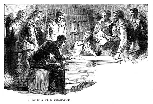 Puritan Pilgrims Sign Mayflower Compact,17th Century United States History English Puritan pilgrims signed the Mayflower to establish the Plymouth Colony in Massachusetts, North America in 1620. Illustration published 1895. Copyright expired; artwork is in Public Domain. christine kohler stock illustrations