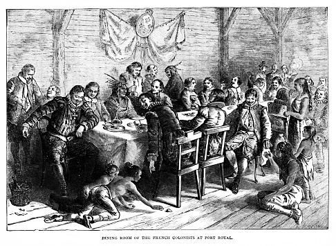 French Colonists and Native Americans dine together at .Port-Royal, Nova Scotia in 1605. Illustration engraving published 1895. This edition is in my private collection. Copyright is in public domain.
