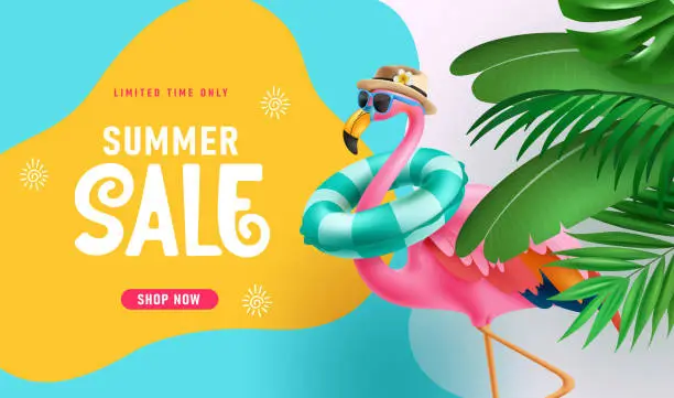 Vector illustration of Summer sale text vector banner design. Summer limited time offer discount text with pink bird flamingo elements for tropical