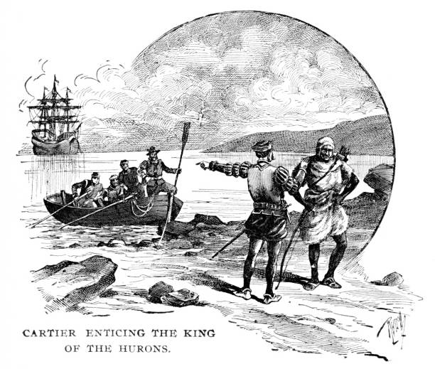 French Explorer Jacques Cartier Tries to Kidnap Huron Leader, Canada, 16th Century North American History Jacques Cartier (December 31, 1491 –September 1, 1557) was a French and first European to map the Gulf of Saint Lawrence and the shores of the Saint Lawrence River, which he named "The Country of Canadas" after a Native American word for village. On different voyages he kidnapped important Native American men to took them back to France. Illustration engraving published 1895. This edition is in my private collection. Copyright is in public domain. place jacques cartier stock illustrations