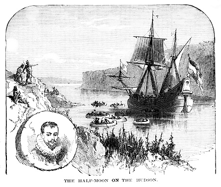 Native Americans  row out to Henry Hudson’s Dutch ship in 1609. The Dutch East India Company sent Henry Hudson to settle New York. Illustration published1895. Copyright expired; artwork is in Public Domain.