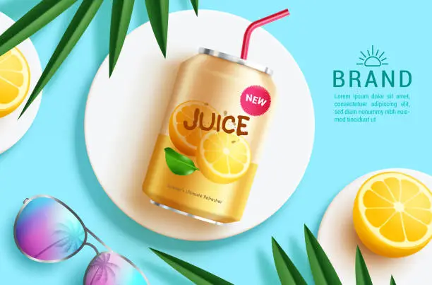 Vector illustration of Summer juice vector template design. Summer soda drink in can product display elements for promotion advertisement background.