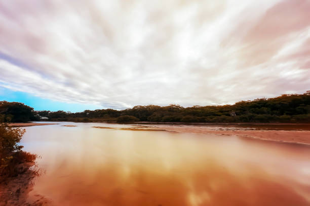 Landscape glow sunlight over the calm river surround mangrove forest and reflection scene on river background. Beauty in nature concept. Coffs Harbour,Australia.