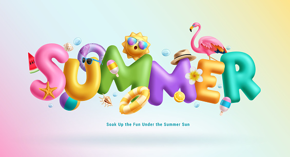 Summer 3d text vector design. Summer 3d typography with flamingo, floaters, inflatable and hat beach elements in hot sunny day outdoor seasonal concept. Vector illustration summer 3d text design.
