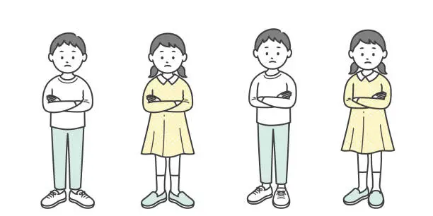 Vector illustration of A boy and a girl who are thinking with their arms crossed