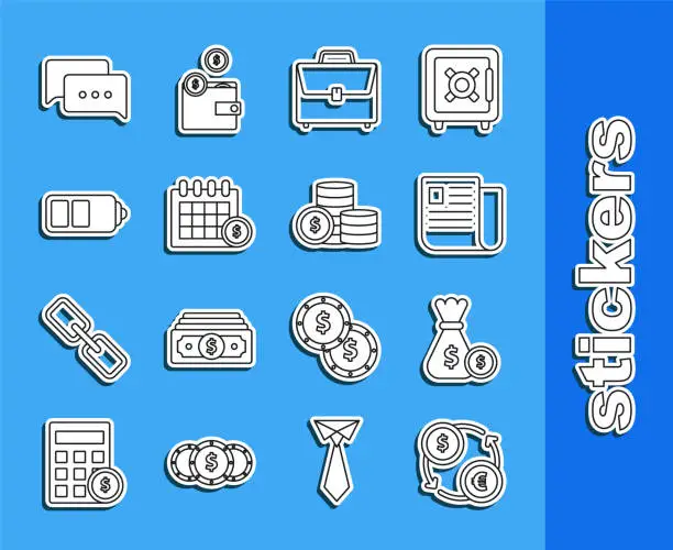 Vector illustration of Set line Money exchange, bag and coin, File document, Briefcase, Financial calendar, Battery charge level indicator, Speech bubble chat and Coin money with dollar symbol icon. Vector