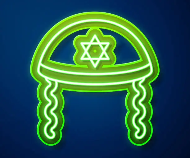 Vector illustration of Glowing neon line Jewish kippah with star of david and sidelocks icon isolated on blue background. Jewish yarmulke hat. Vector