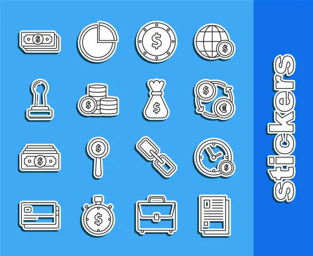 Vector illustration of Set line File document, Time is money, Money exchange, Coin with dollar symbol, Stamp, Stacks paper cash and bag icon. Vector