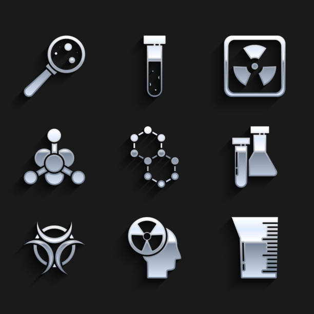 istock Set Molecule, Human head and a radiation, Laboratory glassware or beaker, Test tube flask chemical, Biohazard symbol, Bacteria, Radioactive and Microorganisms under magnifier icon. Vector 2067293031