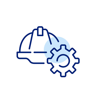 Digital construction toolkit Icon. Hard hat and cogwheel. Website customization and configuration. Pixel perfect, editable stroke vector icon