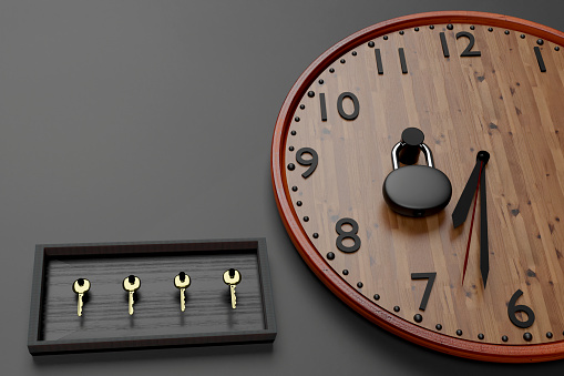 3D Rendered illustration of clock and wooden box with keys over Grey background. Time limited. Four Golden keys are here. You have four choices.