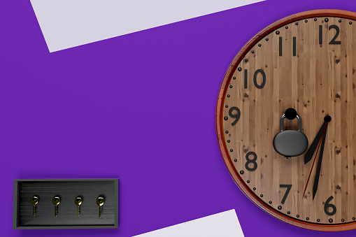 3D Rendered illustration of clock and wooden box with keys over purple background. Time limited. Four Golden keys are here. You have four choices.