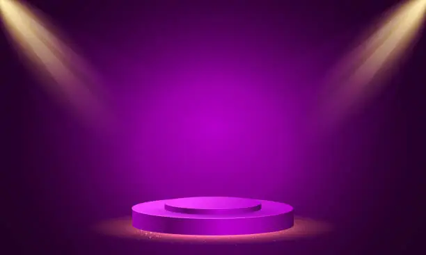 Vector illustration of Vector stage podium with lighting, stage podium scene with for award ceremony on purple background