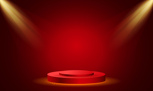 Vector stage podium with lighting, stage podium scene with for award ceremony on red background