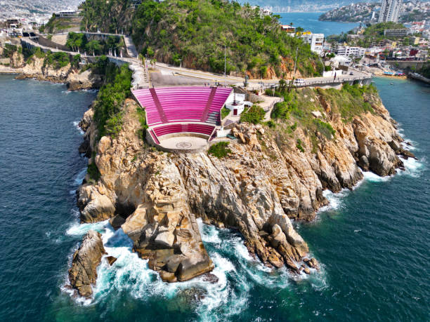Horizontal front view showcasing the majestic facade of Acapulco's Sinfonia del Mar Auditorium against a stunning backdrop