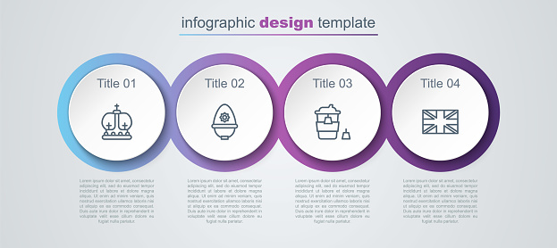 Set line British crown, police helmet, Coffee cup to go and Flag Great Britain. Business infographic template. Vector.