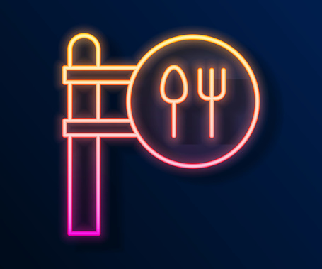 Glowing neon line Cafe and restaurant location icon isolated on black background. Fork and spoon eatery sign inside pinpoint. Vector..