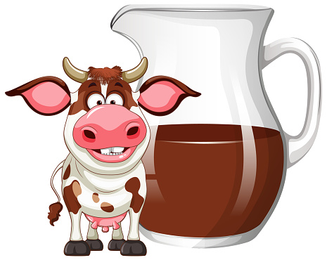 Happy cow standing beside a full chocolate milk pitcher.