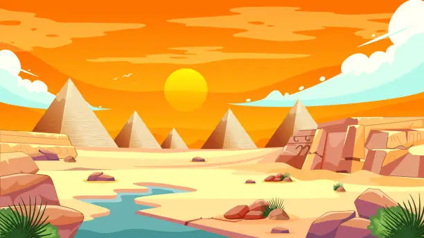 Vector illustration of Colorful vector illustration of pyramids in Egypt at sunset