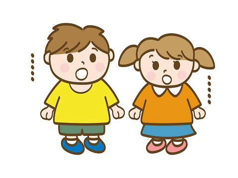 Full-body illustration of a boy and girl who are stunned and unable to speak _ lower grades of elementary school students _ toddlers