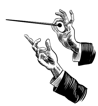 Musical conductors hands. Hand-drawn retro styled black and white illustration