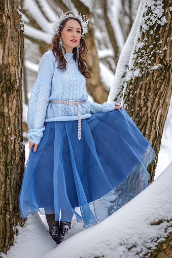 Princess Snow White in the winter forest. Fairy-tale character in bright outfits. A sweet and modern story with emotions