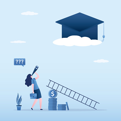 Poor woman student with too short ladder to climb to reach high graduation hat on cloud. Education high cost, expensive school or university cost, education gap, scholarship opportunity. flat vector