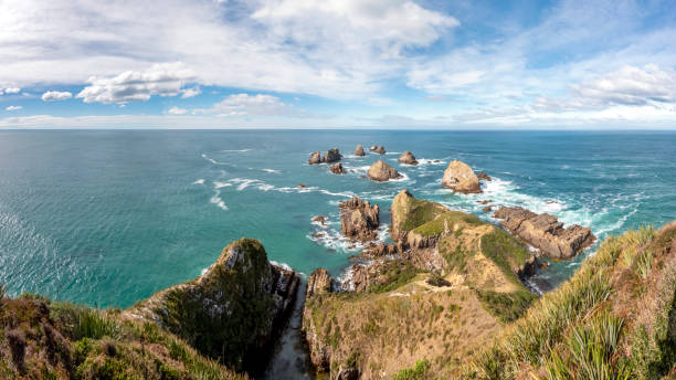 scenic view on nugget point and lighthouse, catlins, south island, new zealand - the catlins foto e immagini stock
