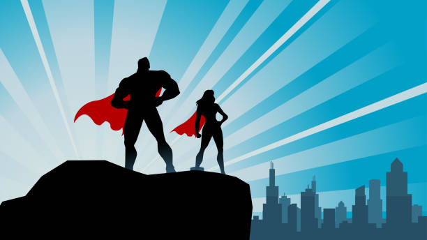 ilustraciones, imágenes clip art, dibujos animados e iconos de stock de ilustración de stock de silueta de dúo de superhéroes vectoriales en una roca con fondo de horizonte de la ciudad - superhéroe