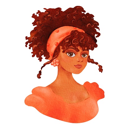 A cartoon illustration of a woman with curly hair wearing an orange headband, showcasing a unique fashion design on her head