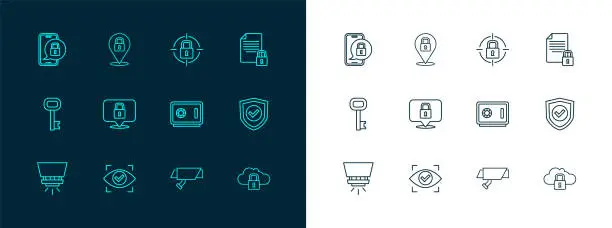 Vector illustration of Set line Document and lock, Eye scan, Safe, Security camera, Lock, Mobile with closed padlock and icon. Vector