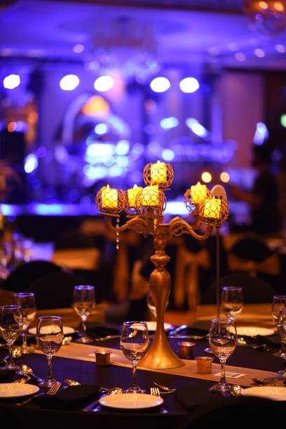 istock Indoor ballroom hall with table decorations 2067485572
