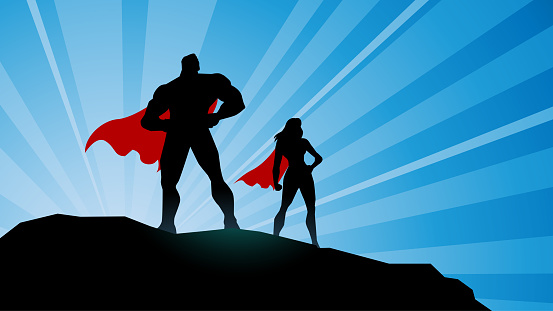 A silhouette vector illustration of a couple of superheroes standing on a rock with sunburst effect in the background. Easy to grab and edit. Wide space available for your copy.