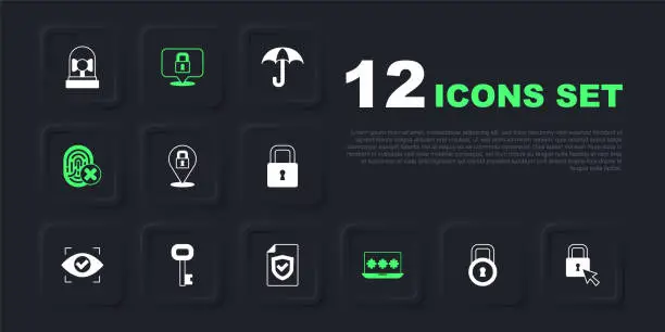 Vector illustration of Set Lock, Laptop with password, Cancelled fingerprint, Old key, and Contract shield icon. Vector