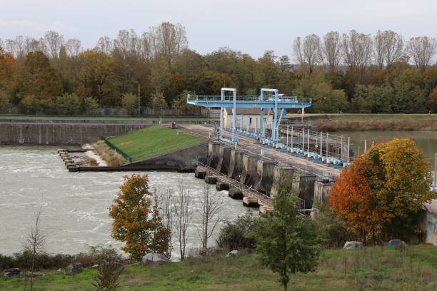Hydroelectric dam on the Jonage canal, town of Meyzieu, Rhône department, France