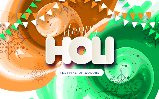 Happy Holi festival background. Abstract explosions of colorful powders. Vector illustration for decoration of Holi event. Template of design for branding cover, card, poster or banner.