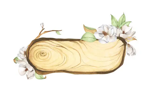 Vector illustration of Wooden slice with floral decoration. Watercolor illustration.