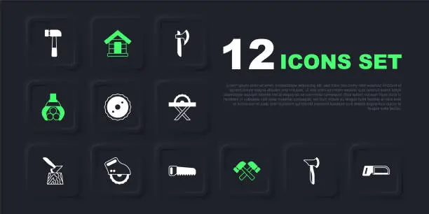 Vector illustration of Set Wooden axe, Hacksaw, Circular blade, Crossed hammer, Grapple crane grabbed log, Electric circular, Dog house and Hand icon. Vector