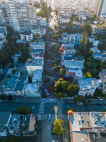 Overhead shot of the curvy street which is Lombard street in San Francisco