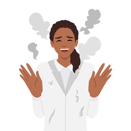 Woman mad scientist with tousled hair after failed experiment with chemical reagents. Flat vector illustration isolated on white background