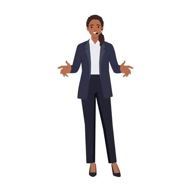 Vector illustration of Business coach woman with public speaking headset leads training giving tips for success.
