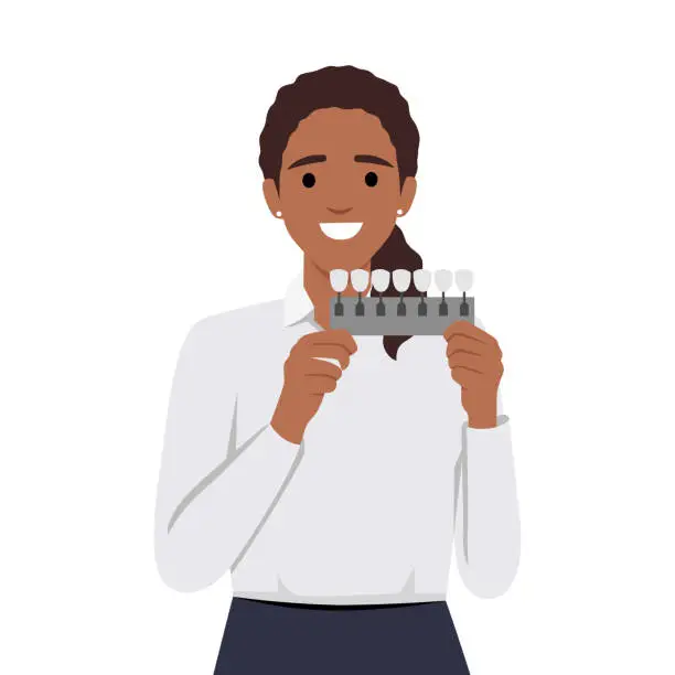 Vector illustration of Woman holds device to determine shade of teeth passes test for quality of toothpaste.