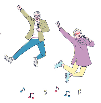 Middle-aged men and women cheerfully enjoying karaoke
