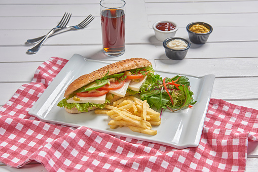 Delicious sandwich and fried tomato salad style for menu sauce background style.