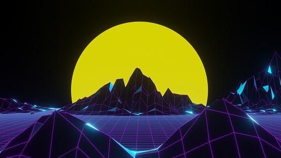 Virtual landscape in retro 80s style - abstract futuristic 3d background image. Digitally landscape. Cyber technology. Virtual reality screensaver, vr glasses, vision pro